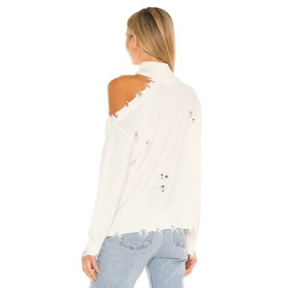 A072 • Distressed Cold-Shoulder Ivory Turtleneck Sweater - Picture 3 of 4